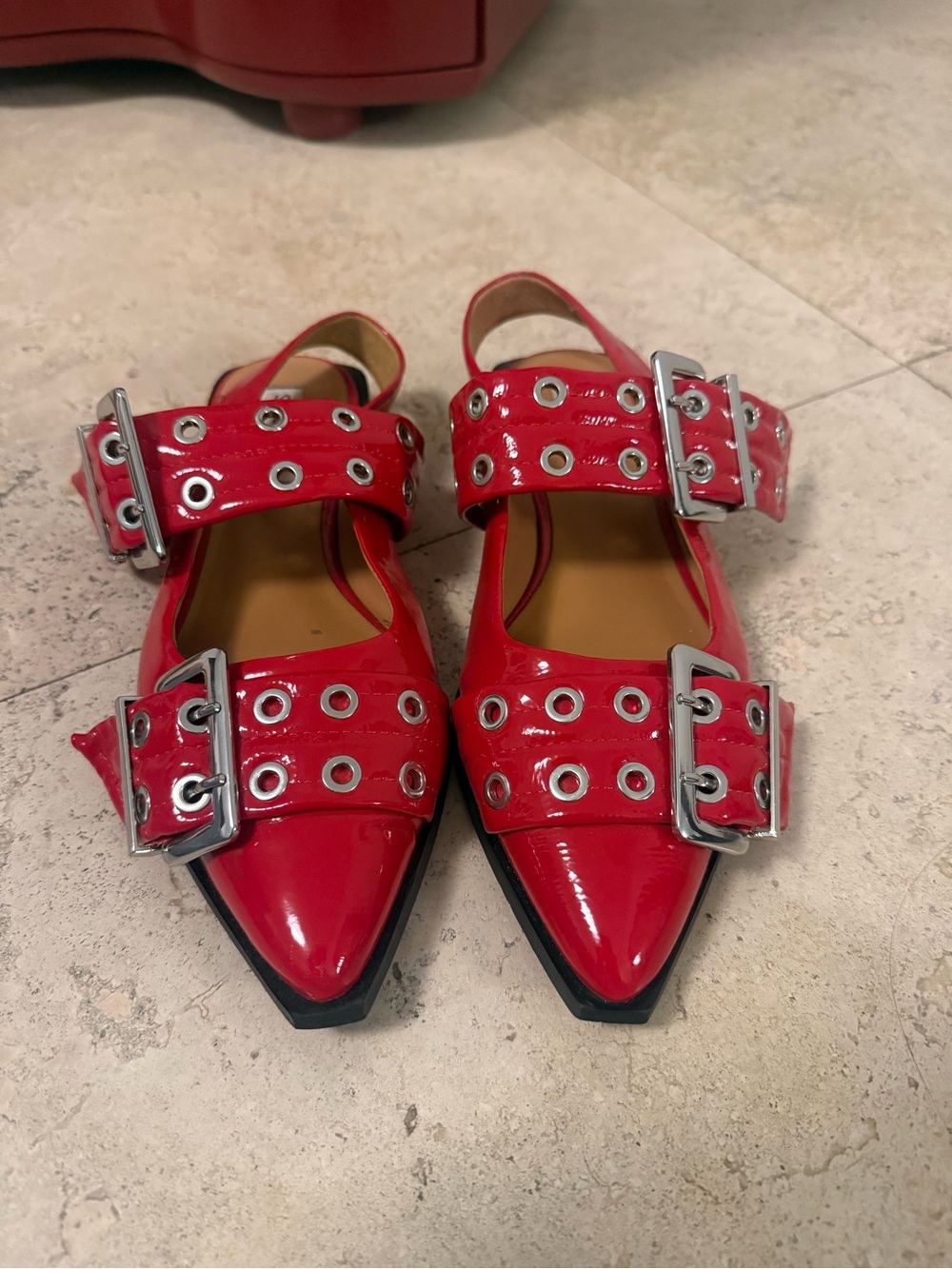 Steve Madden Red Patent Pointed Toe Buckle Slingback Flats